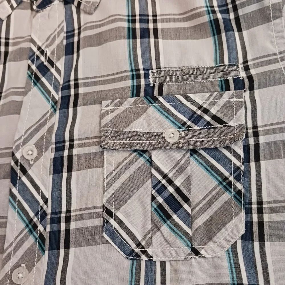 Burnside Cowboy Button Down Front Pockets Size Large White Blue Gray Cotton Poly